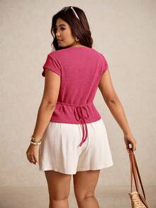 SHEIN Elaquor Plus Size Women Metal Shell Design Short Sleeve Casual T-Shirt - Hot Pink - View 4