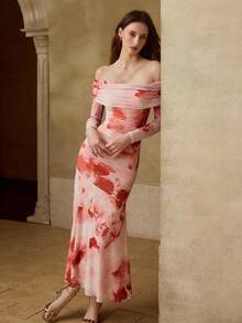 MOTF PREMIUM 女士网纱印花露肩长连衣裙，春夏款 - 彩色 - 查看 7