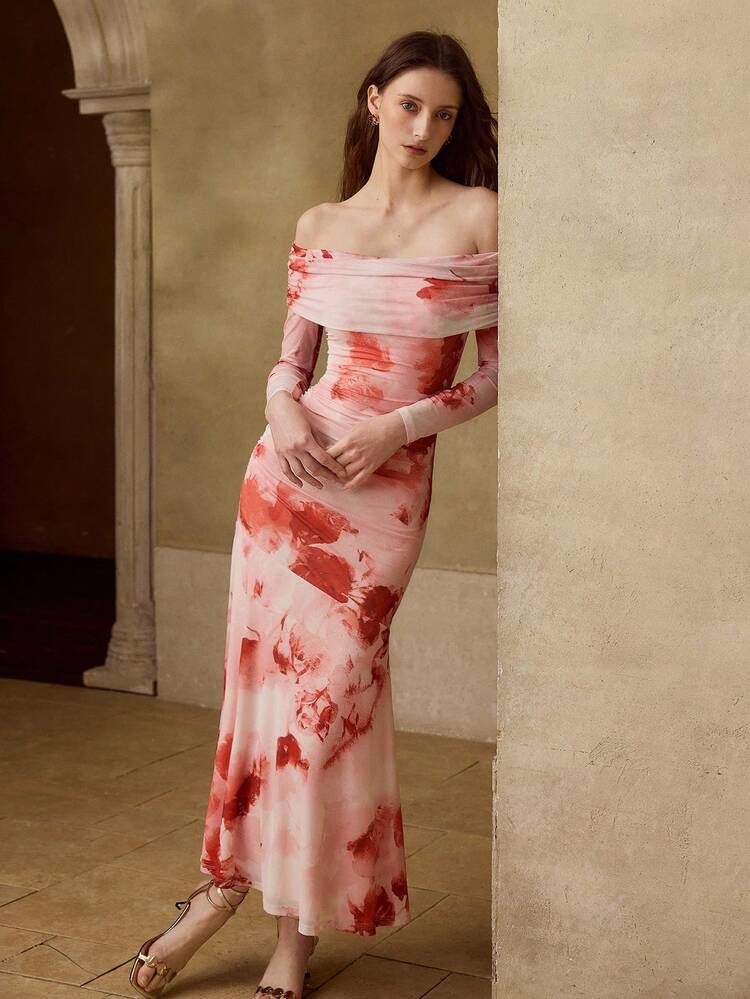 WOMEN'S MESH PRINT OFF-SHOULDER LONG DRESS, SPRING/SUMMER