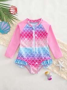 SHEIN Bộ đồ bơi liền thân họa tiết vảy cá dễ thương, thoải mái, phù hợp cho bé gái. - Hồng - Xem 1