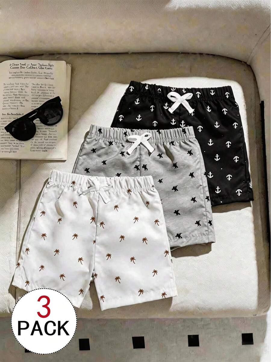 SHEIN 3件裝嬰幼兒男童休閒多色彈性腰抽繩印花短褲,適合夏季戶外、學校、日常、度假與派對 - 彩色 - 查看 1