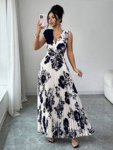 Vestido elegante de línea A con escote en V, cintura ceñida y parches florales en color amarillo crema para mujer, para verano - Albaricoque - Ver 3