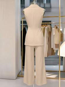 Franclia Women's Metal 3D Floral Button Vest And Pants Elegant Suit Set - Apricot - View 2