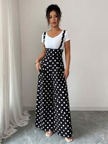 Elenzga Tall Bộ áo liền quần ống rộng in chấm bi dành cho nữ - màu đen - Xem 3