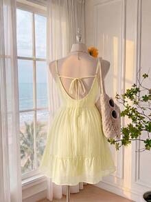 Comfortcana Đầm slip chiffon cỡ lớn, đầm không tay, đầm mùa hè, đầm màu vàng, đầm nữ, đầm thường ngày, đầm lấy cảm hứng từ kỳ nghỉ, trang phục đi nghỉ mát. - Vàng nhạt - Xem 7