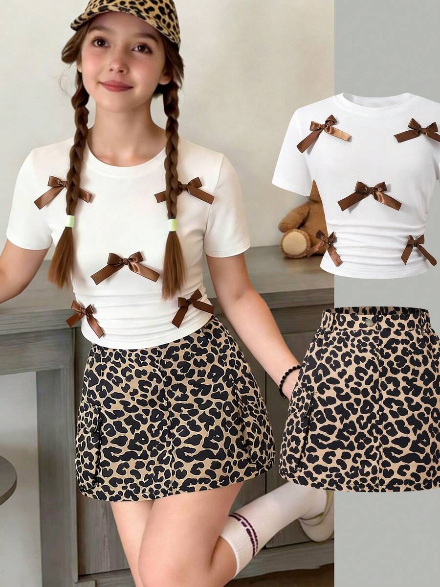 SHEIN 两件套女童甜美可爱棕色蝴蝶结装饰T恤和豹纹半裙休闲套装，适合夏季穿着 - 彩色 - 查看 1