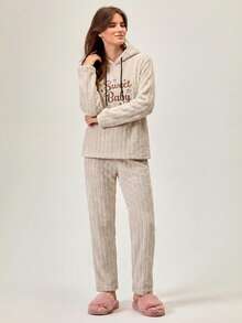 Loomlin Women's Hooded Pajama Top With Slogan Embroidery - Beige - View 5