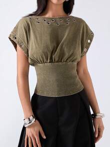LYSMO Áo thun nữ màu trơn tay cánh dơi cổ tròn eo dáng casual - Màu xanh Ô liu - Xem 5