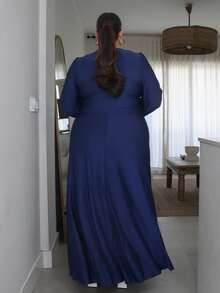 Pretty and Ole 大码女式法式休闲V领长袖连衣裙，派对装 - 藏蓝色 - 查看 2