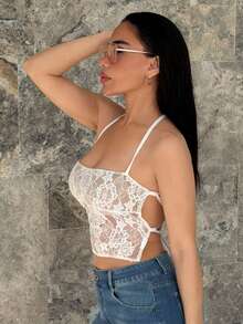 Milla Jasmine Romantic Date Halter Lace White Women Tank Top With Backless Design - White - View 4