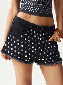 Bohemela Women's Summer Black Polka Dot Boho Night Out Denim Shorts,Handmade Sequin Detailing Distressed Bling Studded Rave Shorts For Y2K Festival Vacation - Black - View 4