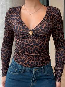 leahseptember Elegant Deep V Metal Decor Sexy Slim Fit Long Sleeve T-Shirt For Women, New Autumn/Winter,Fall,Fall Clothes For Women,Women's Winter Clothes Leopard Top - Brown - View 3