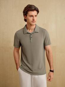 Manfinity Homme 男士夏季纯色短袖休闲商务 Polo 衫，适合打高尔夫 - 卡其色 - 查看 4