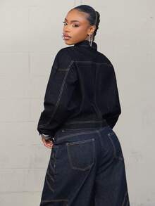 Denimoi Áo khoác denim lửng dáng suông, thời trang đường phố. - Rửa tối - Xem 5