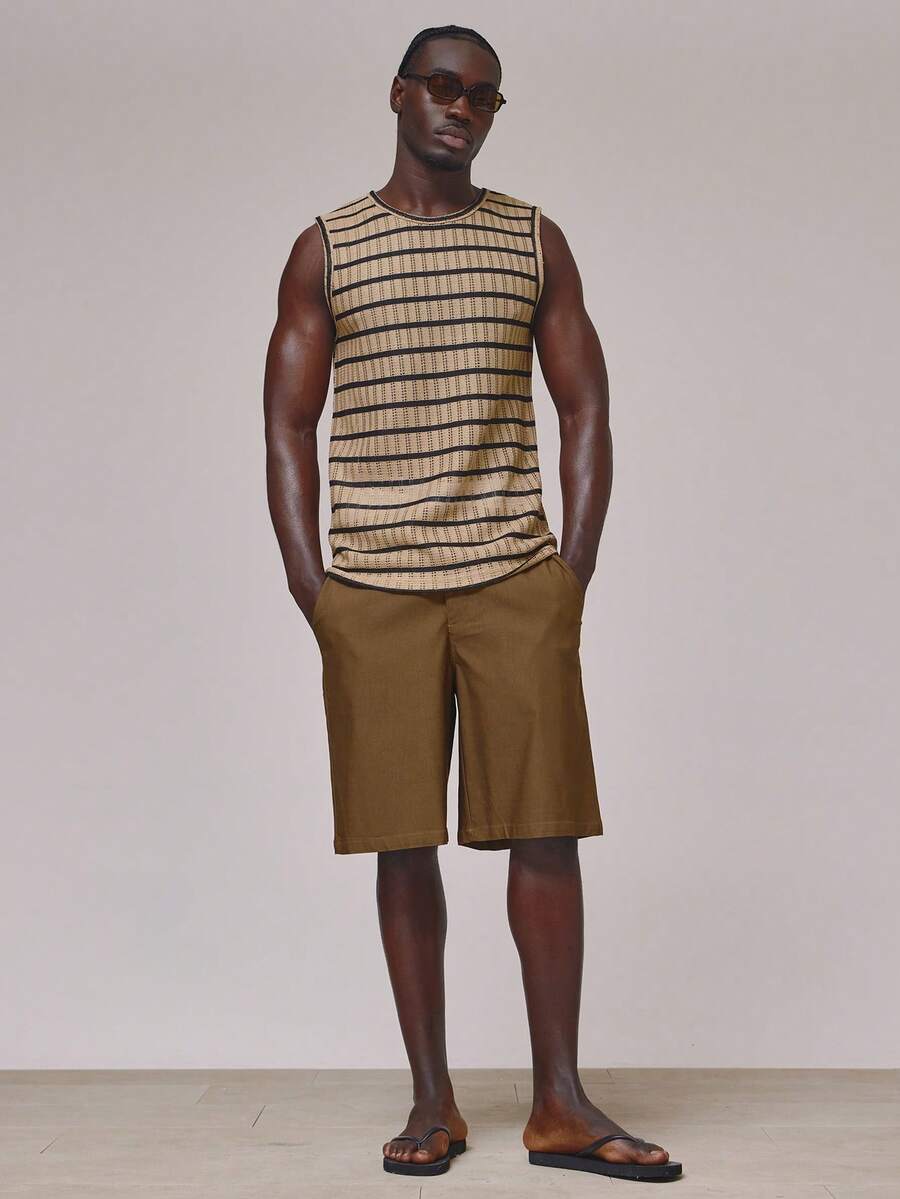 Musero Longer Line Sleeveless Crew Neck Tank Top Contrast Panel Striped Knit Vest  Spring Summer Essentials Holiday Beach - Multicolor - View 1