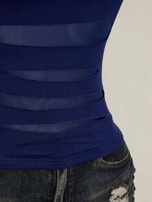 SHEIN ICON Blusa casual versátil de uso diario con parches de malla transparente para mujer de talla grande - Azul Marino - Ver 11