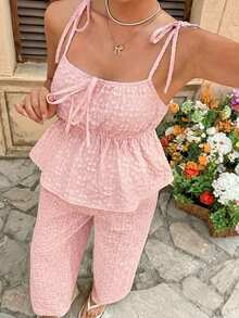 SHEIN Bộ đồ bầu 2 món gồm áo tank top buộc dây vai và quần cạp chun điều chỉnh được, chất liệu jacquard. - Màu Hồng baby - Xem 6