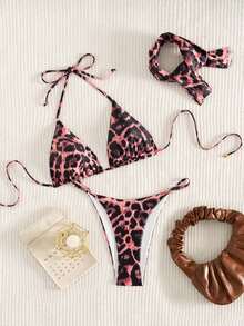 Swim SXY Bộ bikini hở lưng họa tiết da báo mới dành cho nữ, thời trang và gợi cảm cho kỳ nghỉ biển, mùa xuân/hè. - màu nâu - Xem 1