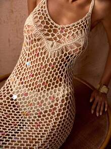 MOTF PREMIUM WOMEN'S SUMMER VACATION BEACH HOLLOW-OUT KNITTED SEQUIN DETAIL COVER-UP DRESS - Apricot - View 2