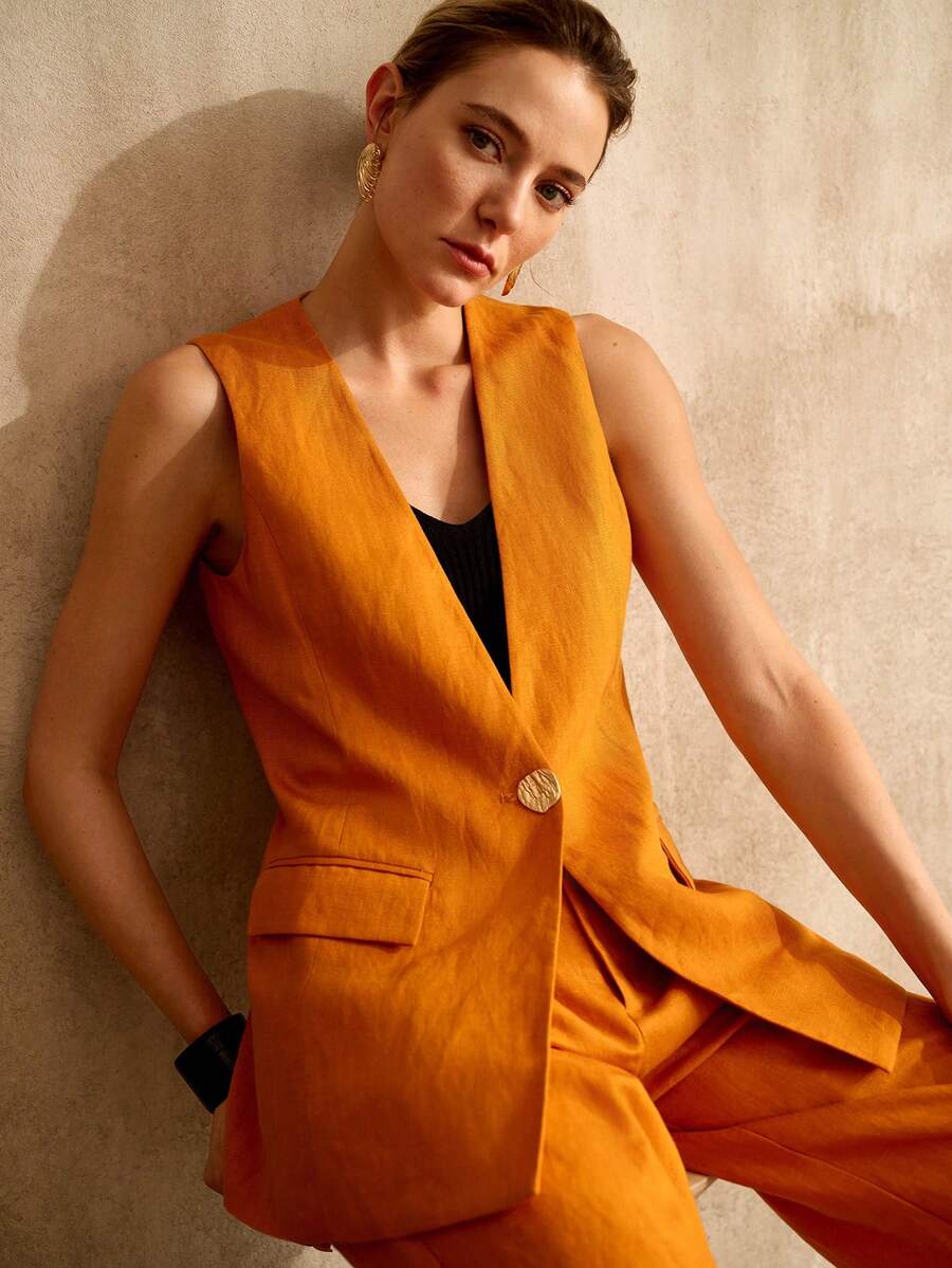 MOTF PREMIUM ÁO KHOÁC NỮ PHA VẢI LINEN KIỂU DÁNG THÔNG THƯỜNG - Rỉ Nâu - Xem 1