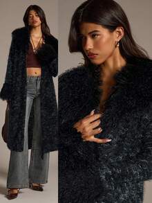 Aloruh 女士长款开衫，彩色条纹波西米亚风外套，配人造毛领和袖口，秋冬季 - 黑色 - 查看 2