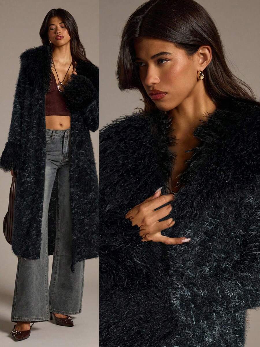 Aloruh 女士长款开衫，彩色条纹波西米亚风外套，配人造毛领和袖口，秋冬季