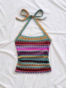 Soleia New Arrival Spring/Summer Vacation Halter Neck Tie Strap Women Striped Camisole - Purple - View 5