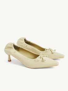 CUCCOO CHICEST Women's New French Style Bow Knot Ruched Pointed Toe Mid Heel Versatile Fairy Style Pumps - Mustard Yellow - View 2