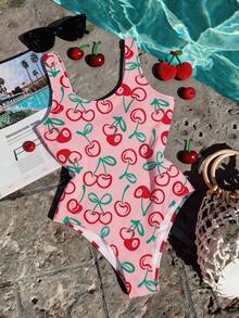 复古可爱樱桃印花图案，少女休闲简约连体泳衣，适合夏季穿着 - 彩色 - 查看 2