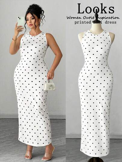 Elenzga Plus Size Women Fashion Minimalist Versatile Polka Dot Pattern Elastic Fitted Dress