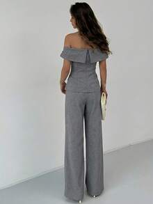 Aloruh New Summer Minimalist Commuter Outfit, Off Shoulder Crop Top With Side Slit And High-Waisted Wide-Leg Pants, Fashionable And Slimming - Dark Grey - View 2