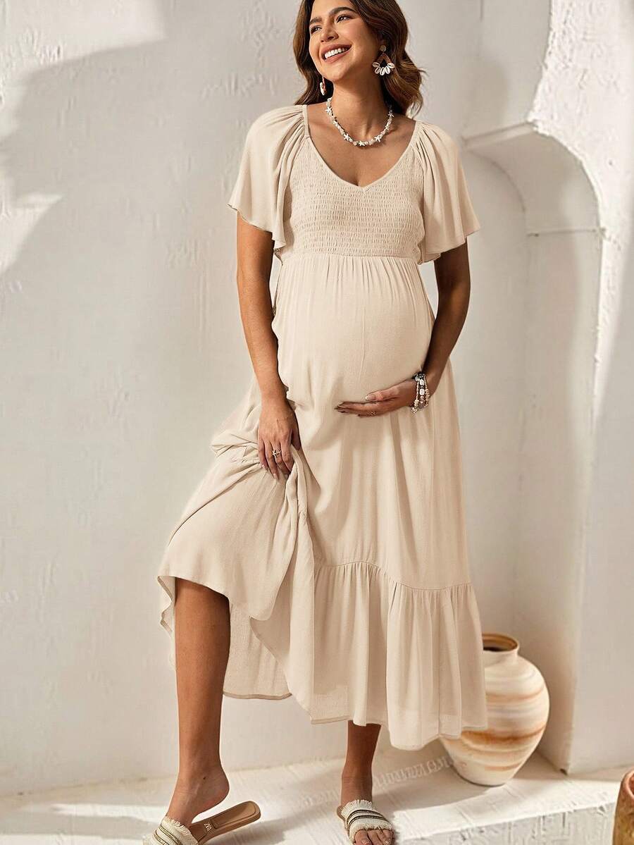 Boho Mama Maternity Elegant Shirred Ruffle Hem Vacation Dress For Summer - Khaki - View 1