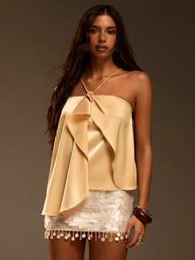 Athîral 女士休闲度假系带露背无袖缎面黄色不对称上衣，春夏款 - 鵝黃色 - 查看 5