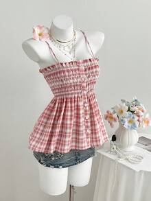 Elamini Áo hai dây crop top xếp ly kẻ caro mùa hè cho nữ, phong cách thường ngày thoải mái. Trang phục mùa hè cho nữ, áo nữ mùa hè dễ thương, áo kẻ caro. - Hồng - Xem 6