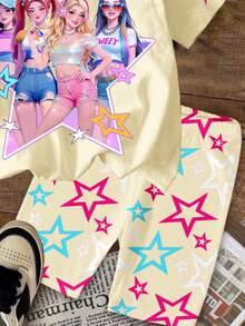 2件套少女休闲时尚酷炫彩色韩流女团字母星星印花圆领短袖T恤和短裤套装，适合夏季穿着 - 彩色 - 查看 6