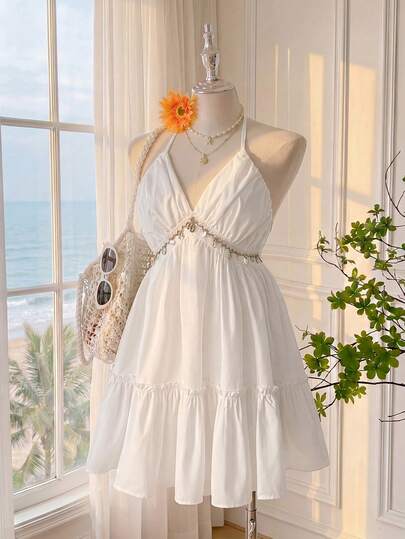 Comfortcana Plus Size Casual Vacation Style White Pleated A-Line Mini Beach Dress White Halter Dress Ruffle Hem Dress Resort Wear Women Vacation Dress Summer Dress