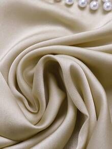 GlowEve CURVE Plus Size Women's Spring/Summer Solid Color Satin V-Neck Flattering Ruffle Trim Short Sleeve Gathered Elegant Versatile Blouse - Beige - View 4