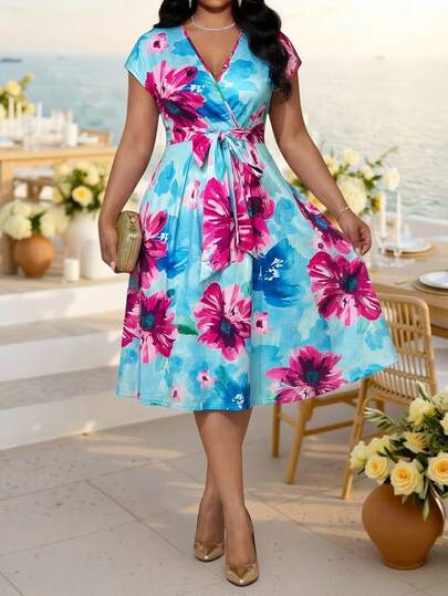 Fleurora Spring And Summer Elegant Wedding Office Colorful Knitted Overlap Collar Flared Belted Midi Short Sleeve Plus Size Dresses Plus Size Women's Elegant Floral Print Surplice Neck Cap Sleeve Belted Dress, Summer Summer Dresses For Women Floral Print Wrap Dress Vacation Dress  V-Neck Midi Dress Summer Dress Summer Dresses For Women Summer Outfits For Women Beach Dress Graduation Outfit For Mother Elegant Dresses For Women Elegant Dresses Elegant Dresses For Ladies Holiday Dresses Vacation Outfits Women Vacation Dresses Work Outfits For Women Office Wear For Women Floral Dress Floral Dresses For Women