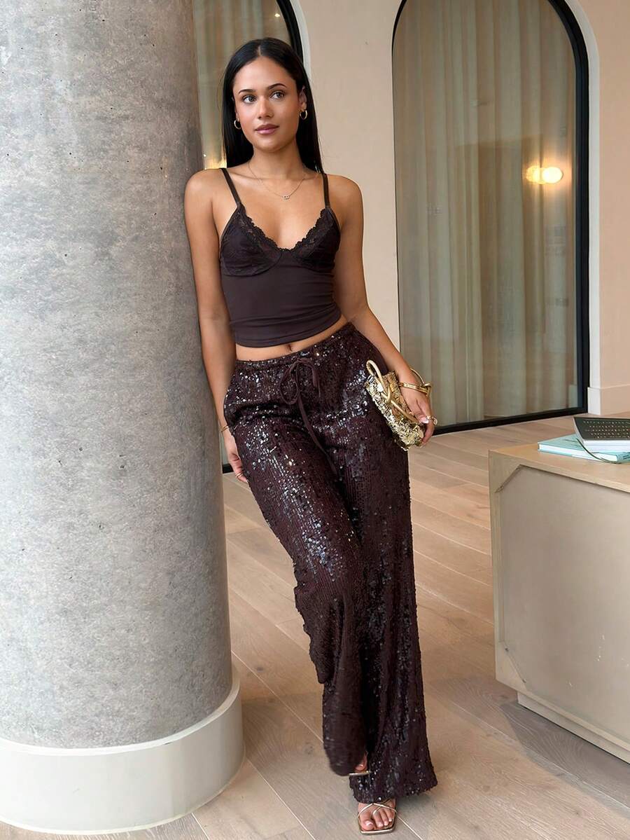 leahseptember Women's Brown Patterned Shiny Sequin Pants, Suitable For Daily Wear/Concert Wear/Cocktail Wear/Party Wear/Night Out/Rave Party Exquisite And Gorgeous Evening Shiny Sequin Drawstring Wide Leg Pants/Christmas/Halloween/Club/Going Out Bottoms - Brown - View 1