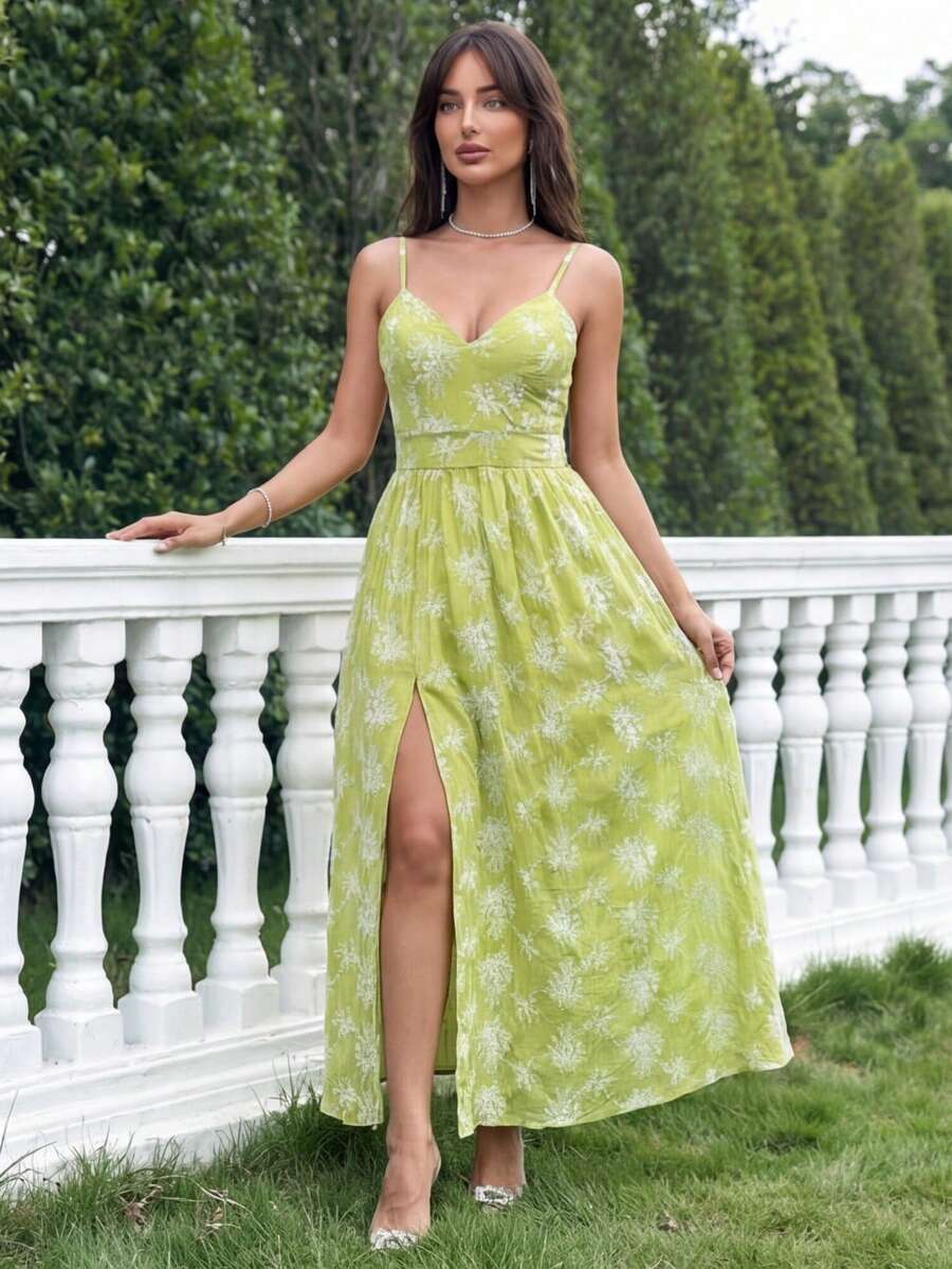 SHEIN Allurite Đầm dài thanh lịch dành cho nữ, đầm chiffon hai dây xẻ tà, đầm dài mùa hè cho nữ, đầm dự tiệc cocktail, màu vàng nhạt, đầm lãng mạn cho kỳ nghỉ, đầm đi học. - Butter Yellow - Xem 1