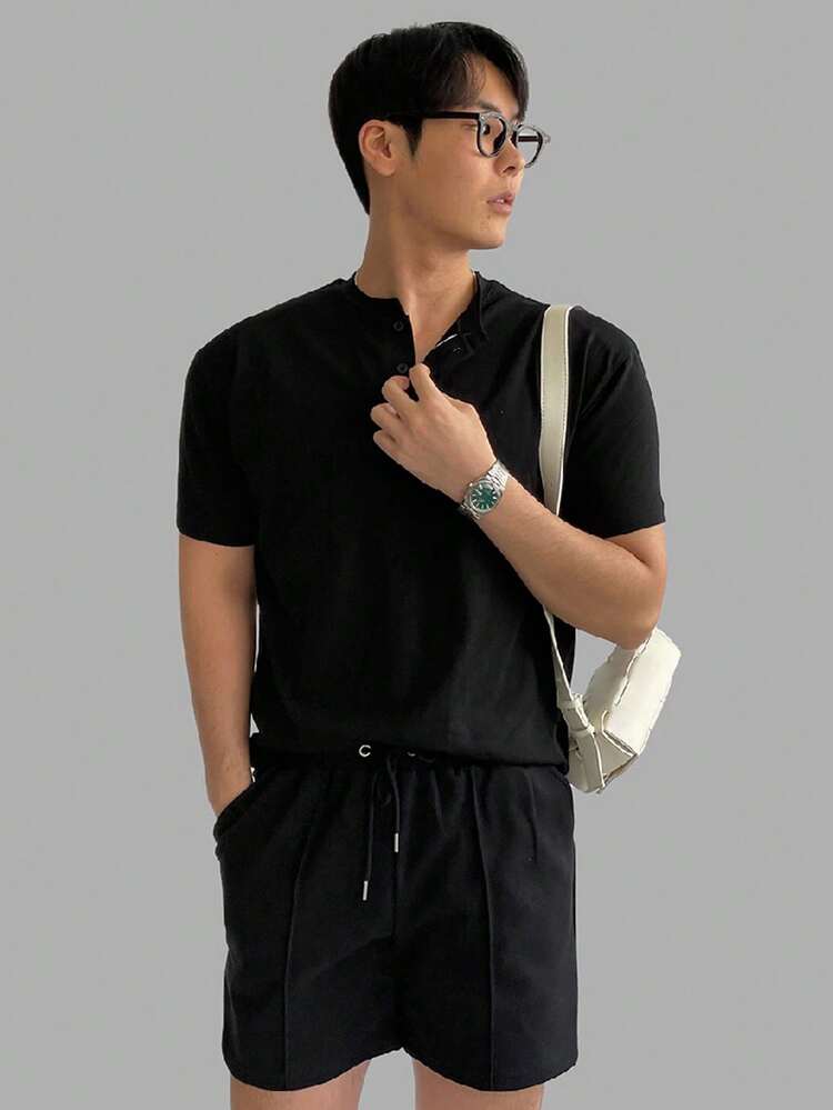 Men's Casual Solid Color Short Sleeve T-Shirt And Shorts Set, Summer