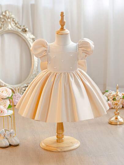 Glamorique Kids Vestido corto de satén color champán con mangas abullonadas para bebé niña, falda acampanada con bordado de cuentas a mano, vestido formal elegante para cumpleaños, boda, fiesta, actuación en el escenario, vacaciones, vestido de princesa