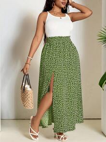 SHEIN PETITE CURVE 大码休闲碎花高开衩半身裙 - 綠色 - 查看 5
