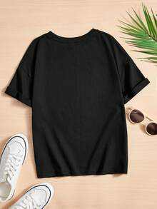 SHEIN Leap Crew Thiếu niên cô gái mặt trời & Đồ họa Khẩu hiệu Áo thun Thả vai - màu đen - Xem 2