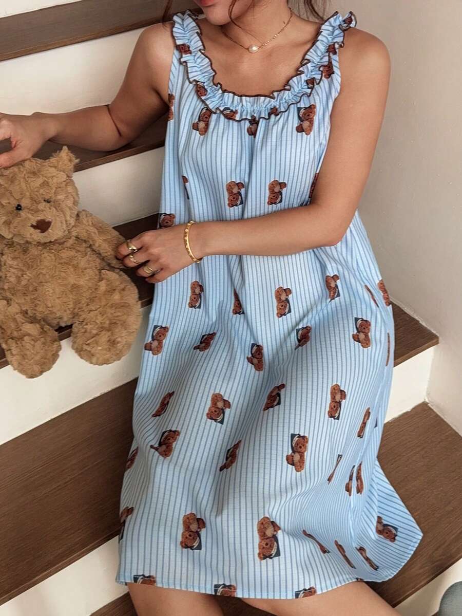 Napfluff Women's Cute Bear Striped Print Frill Trim Round Neck Camisole A-Line Nightgown - Multicolor - View 1