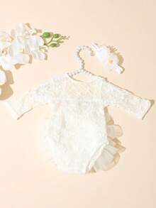 SHEIN 白色 2016 夏季美學攝影新生女嬰攝影套裝 1 個月 100 天 嬰兒粉色蕾絲連身褲附花朵頭飾 嬰兒道具 - 白色 - 查看 3