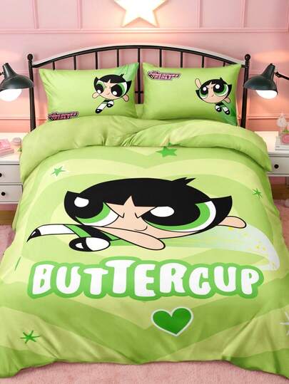 THE POWERPUFF GIRLS X SHEIN Bộ 3 món ga trải giường in hình hoạt hình màu xanh lá cây, chất liệu vải mềm mại, họa tiết trái cây, ngôi sao và các nhân vật hoạt hình, nhiều kích cỡ để lựa chọn, phù hợp với giường đơn, giường đôi, giường cỡ King và giường cỡ Queen.