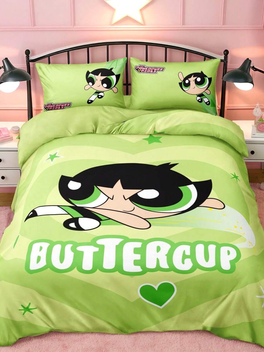 THE POWERPUFF GIRLS X SHEIN 三件套绿色卡通印花被套，柔软磨砂面料，果绿色被套，心形、星星、卡通人物图案，多种尺寸可选，适用于单人床、双人床、特大号床和加大号床。 - 果綠 - 查看 1