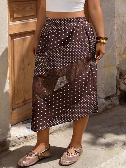 Lounesse Plus Size Women's Polka Dot Patchwork Asymmetrical Hem Skirt, Brown, New 2026 Spring/Summer Collection