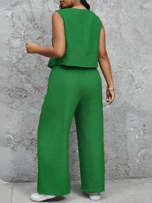 SHEIN Tall CURVE 大码女式纯色单排扣背心和裤子休闲两件套 - 綠色 - 查看 2
